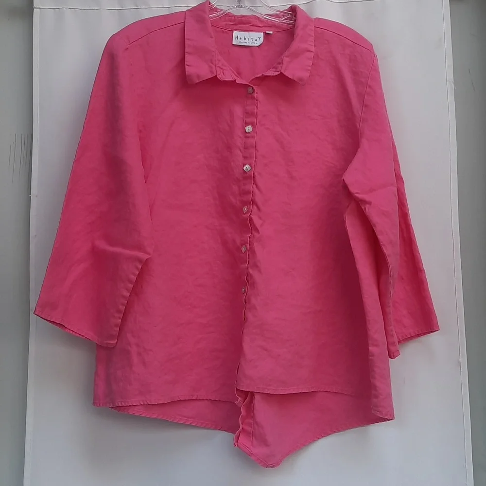 Habitat Pink 100%Linen Button Down Shirt 3/4 Sleeve Size Large